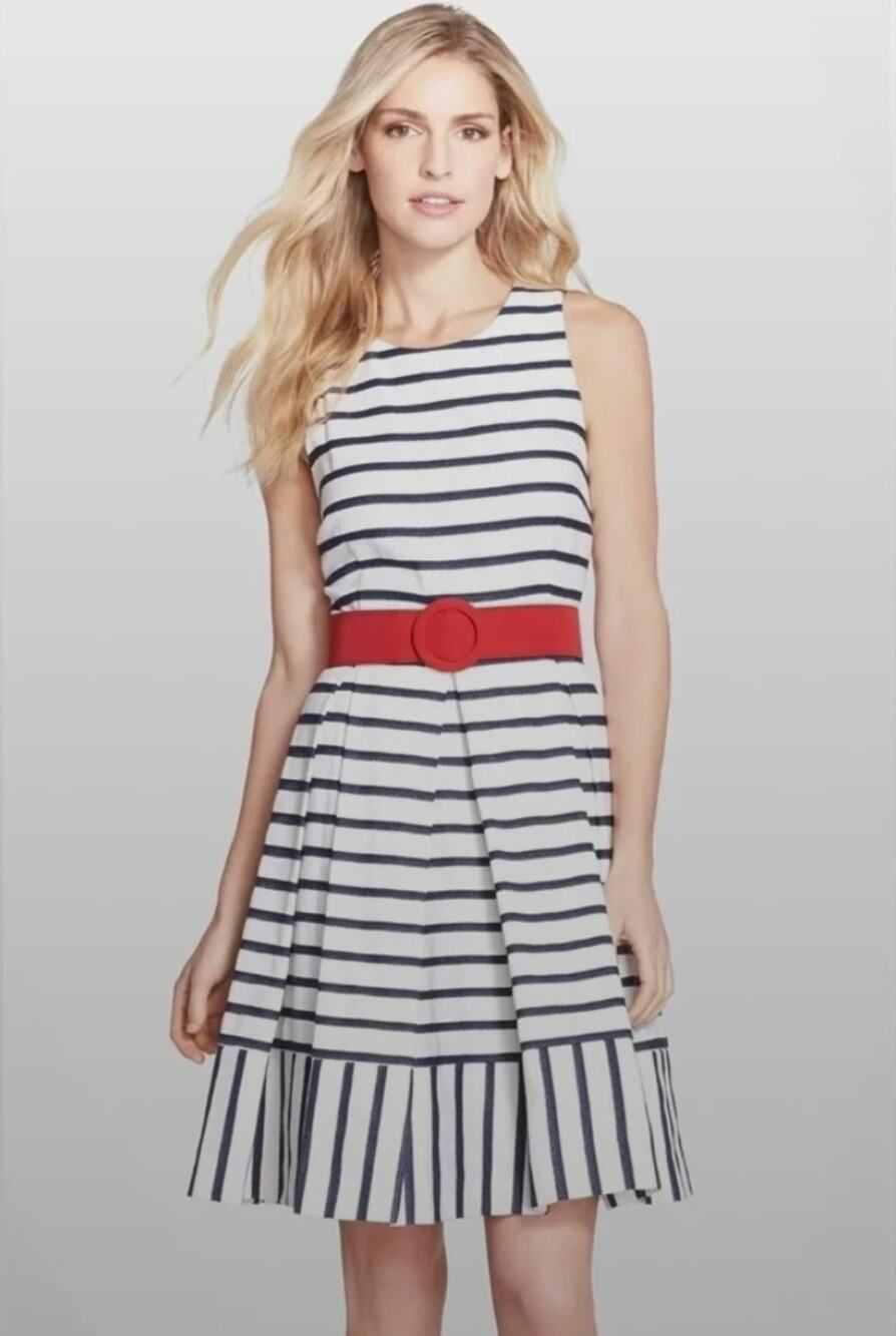 Eliza J White and Black Striped Fit and Flare Dress with Red Belt Size 4
